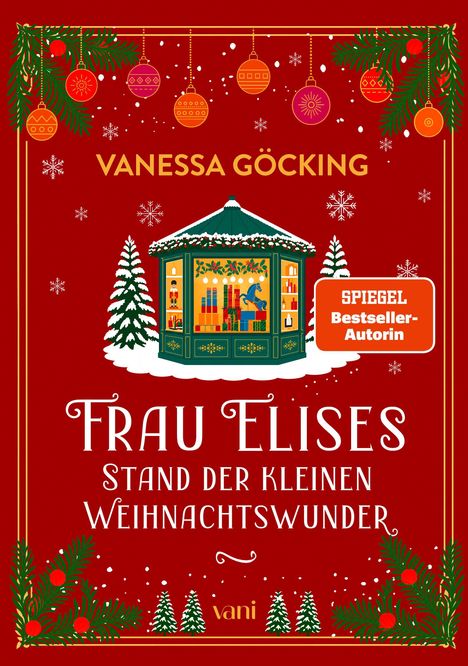 „Frau Elises Stand der kleinen Weihnachtswunder“, Illustration eines festlichen Marktstands mit Tannen und Schneeflocken.