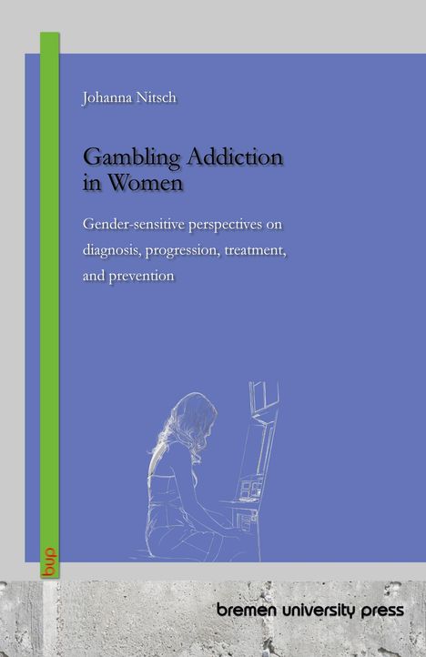 Text: "Johanna Nitsch. Gambling Addiction in Women. Gender-sensitive perspectives on diagnosis, progression, treatment, and prevention." Blaues Cover, Frau an Spielautomaten, Logo "bup".