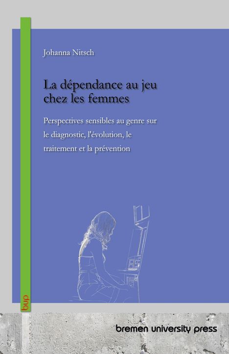 "La dépendance au jeu chez les femmes" von Johanna Nitsch, mit blauem Hintergrund und einem stilisierten Bild einer Frau am Automaten.