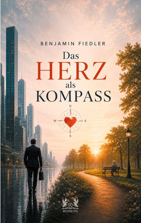 "Benjamin Fiedler. Das Herz als Kompass." Ein Mann geht in der Stadt, daneben ein parkähnlicher Weg, Sonnenuntergangsstimmung.