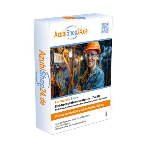 AzubiShop24.de Lernkarten Basis Elektrotechnikmeister/-in, Teil III. Eine Frau mit Helm in einem technischen Raum.