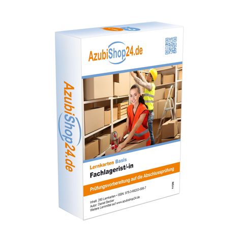 AzubiShop24.de Lernkarten Fachlagerist/-in. Frau packt Karton, Mann auf Leiter. Prüfungsvorbereitungsbox für Lagerlogistik.
