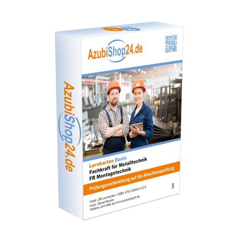 "AzubiShop24.de", "Lernkarten Basis Fachkraft für Metalltechnik FR Montagetechnik", zwei Personen in Arbeitskleidung.