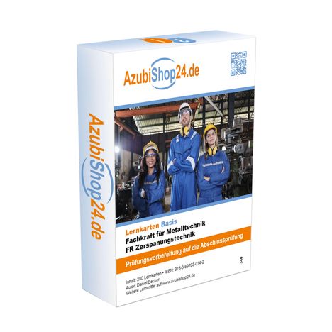 AzubiShop24.de Lernkarten, Fachkraft Metalltechnik, FR Zerspanungstechnik. Drei Personen in blauer Arbeitskleidung.