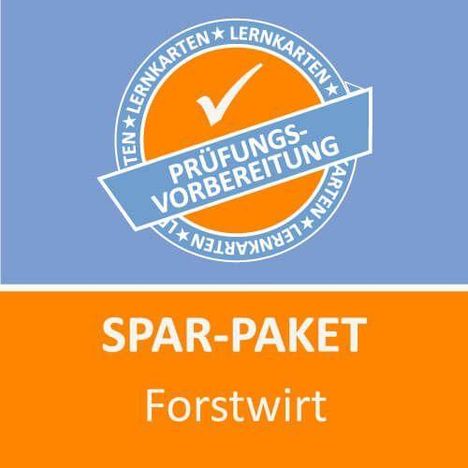 "Spar-Paket Forstwirt" unten. Oben ein blaues Siegel mit "Prüfungsvorbereitung Lernkarten" und Haken.