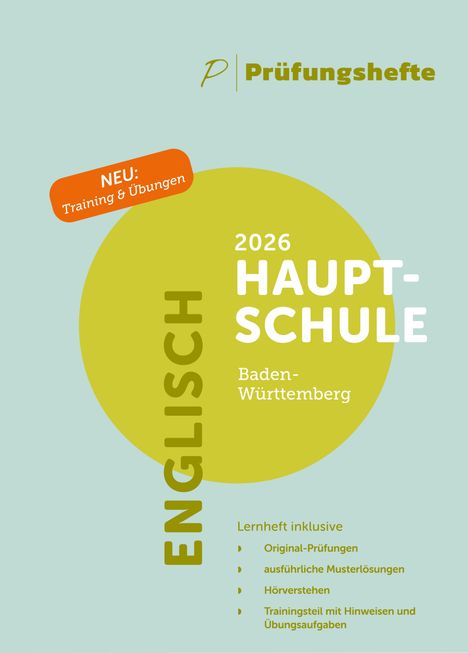 "Prüfungshefte 2026 HAUPT-SCHULE Baden-Württemberg ENGLISCH. NEU: Training & Übungen." Helles, modernes Design.
