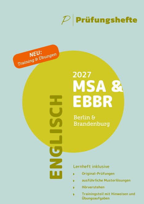 „Prüfungshefte“, „2027 MSA & EBBR“, „Berlin & Brandenburg“, „ENGLISCH“, „NEU: Training & Übungen“. Illustration.