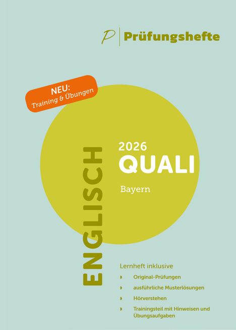 „NEU: Training & Übungen“, „Prüfungshefte“, „2026 QUALI Bayern“, „ENGLISCH“. Grünes Design mit gelbem Kreis.