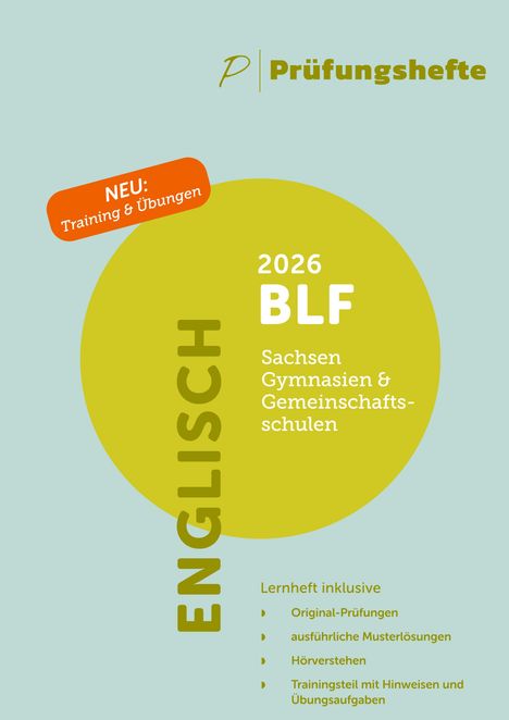 2026 BLF ENGLISCH Sachsen Gymnasien & Gemeinschaftsschulen. Logo oben, grüner Kreis, Text zu Lernheft-Inhalten.