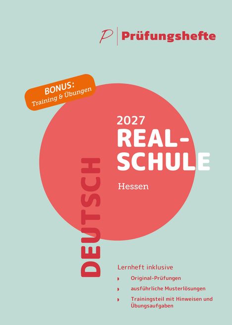 Text: „Bonus: Training & Übungen“, „2027 Realschule Hessen“, „Deutsch“, „Prüfungshefte“, „Lernheft inklusive“.  
Design: Kreiselemente, modernes Layout.