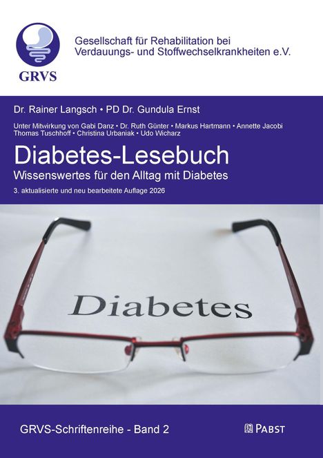 Diabetes-Lesebuch mit Brille; Wissenswertes für den Alltag. Autoren und Auflage 2026. Logo oben links.
