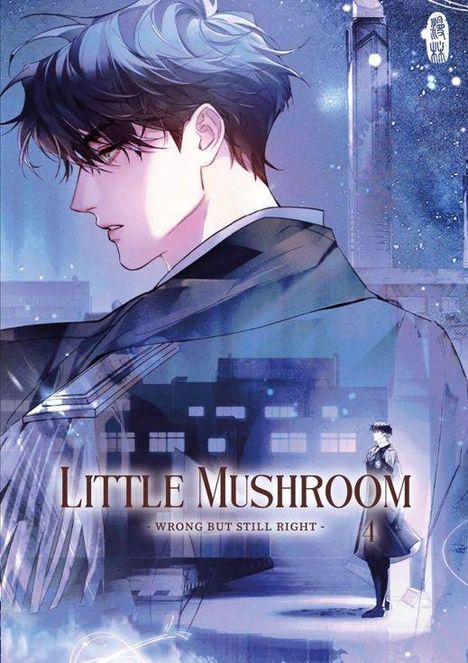 "Little Mushroom: Wrong But Still Right 4." Illustration eines Mannes in einem blau-violetten Ambiente mit stilisierten Schatten.