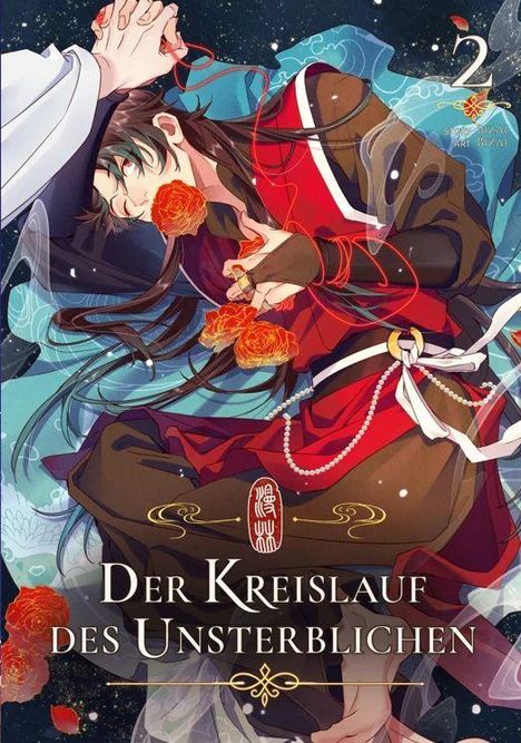 "Der Kreislauf des Unsterblichen". Zwei Hände halten sich; rote Rosen und traditionelle Kleidung in lebendigen Farben.
