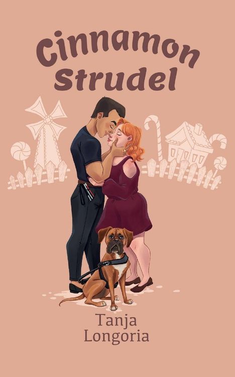 „Cinnamon Strudel“ oben, „Tanja Longoria“ unten mit einem Paar und einem Hund. Häuser und Süßigkeiten im Hintergrund.