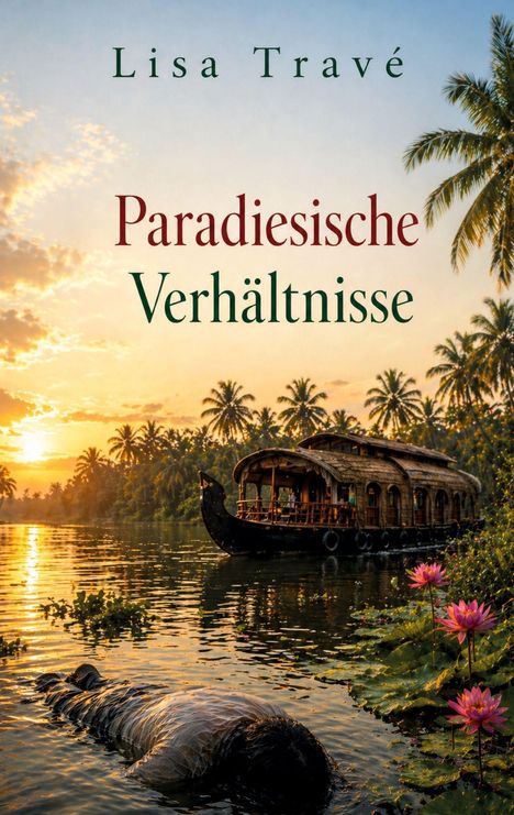 "Paradiesische Verhältnisse" von Lisa Travé. Boot auf einem Fluss, daneben blühende Seerosen im Sonnenuntergang.