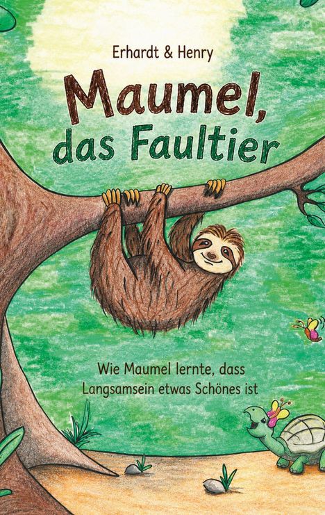 Ein Faultier hängt an einem Baum, daneben eine fröhliche Schildkröte und bunte Schmetterlinge im grünen Hintergrund.