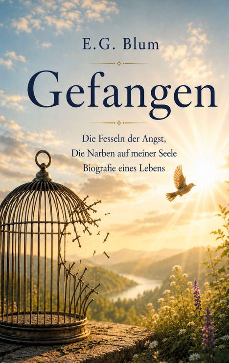 Text: "E.G. Blum Gefangen. Die Fesseln der Angst, Die Narben auf meiner Seele. Biografie eines Lebens." 

Eine offene Vogelkäfig-Illustration mit fliegendem Vogel und Sonnenuntergang.