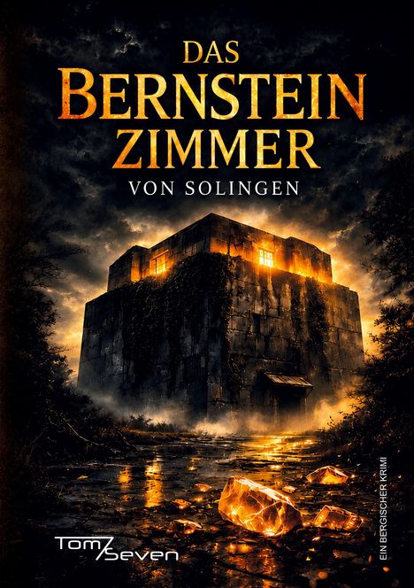 „Das Bernsteinzimmer von Solingen. Ein Bergischer Krimi.“ Dunkle Burg mit leuchtenden Fenstern, umgeben von nebliger Atmosphäre.