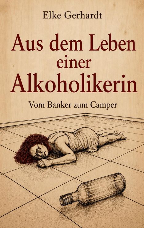 Titel: "Aus dem Leben einer Alkoholikerin: Vom Banker zum Camper". Illustration einer Frau auf Fliesen, leere Flasche.
