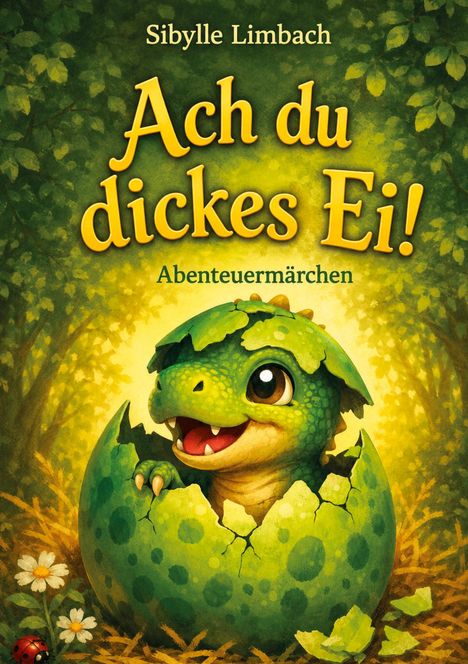 "Ach du dickes Ei! Abenteuermärchen." Ein schlüpfender grüner Dino aus einem Ei, umgeben von Blättern und Blumen.