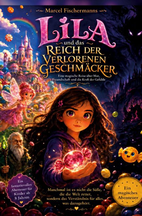Ein Buchcover mit dem Text "Lila und das Reich der Verlorenen Geschmäcker" zeigt ein Mädchen mit schimmernder Kleidung, eine Fee, einen Zauberer und bunte Süßigkeiten vor einer fantasievollen Kulisse.