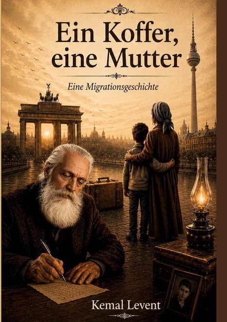 Ein Koffer, eine Mutter: Eine Migrationsgeschichte. Illustration mit älterem Mann, schreibend, und Familie vor Berliner Kulisse.