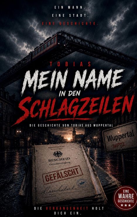Texte: Ein Mann. Eine Stadt. Eine Geschichte. Tobias: Mein Name in den Schlagzeilen. Gefälscht. Wuppertal. Dramatische Kulisse mit Wuppertaler Schwebebahn und Akten.