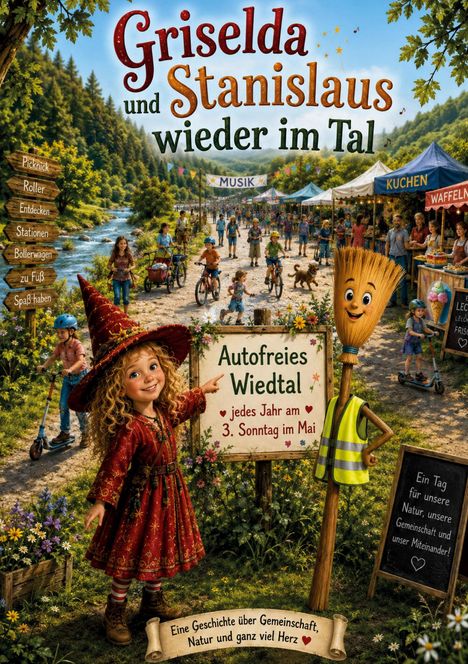 „Griselda und Stanislaus wieder im Tal“: Ein fröhliches Fest in einem Tal mit Menschen, Ständen und einem Plakat. 