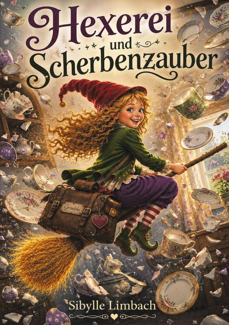 „Hexerei und Scherbenzauber“ in verspielter Schrift. Eine lächelnde, junge Hexe fliegt auf einem Besen; um sie wirbeln Geschirrteile.
