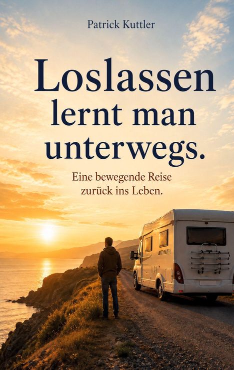 Text: „Loslassen lernt man unterwegs. Eine bewegende Reise zurück ins Leben.“ Sonnenuntergang, Wohnmobil, Person steht am Rand einer Klippe.