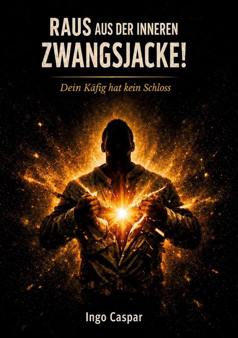 „Raus aus der inneren Zwangsjacke! Dein Käfig hat kein Schloss“ steht über einer Person, die strahlend das Hemd aufreißt.