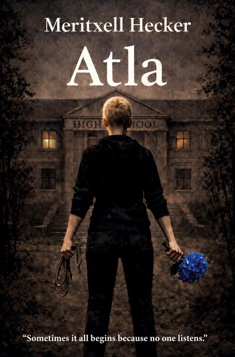 "Meritxell Hecker", "Atla", "HIGH SCHOOL". Eine Person hält ein Seil und eine blaue Blume, steht vor einer Schule.
