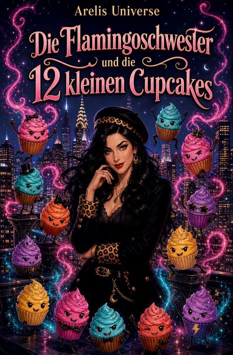 Text: "Arelis Universe: Die Flamingoschwester und die 12 kleinen Cupcakes." Illustration mit Frau, Stadt und bunten Cupcakes.