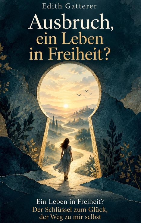 Text: "Ausbruch, ein Leben in Freiheit? Ein Leben in Freiheit? Der Schlüssel zum Glück, der Weg zu mir selbst." 

Eine Frau in einem Schlüsselloch-artigen Rahmen blickt auf einen sonnigen Weg Richtung Stadt.