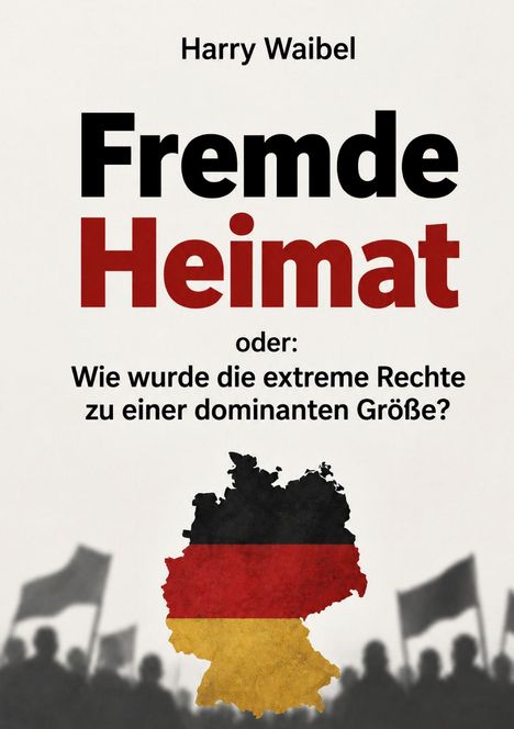Text: "Harry Waibel: Fremde Heimat oder: Wie wurde die extreme Rechte zu einer dominanten Größe?"  
Zu sehen ist eine Deutschlandkarte in Schwarz-Rot-Gold.