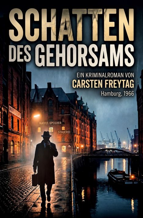 „SCHATTEN DES GEHORSAMS“, ein Kriminalroman von Carsten Freytag, Hamburg, 1966. Eine düstere Straßenszene mit Mann im Mantel.