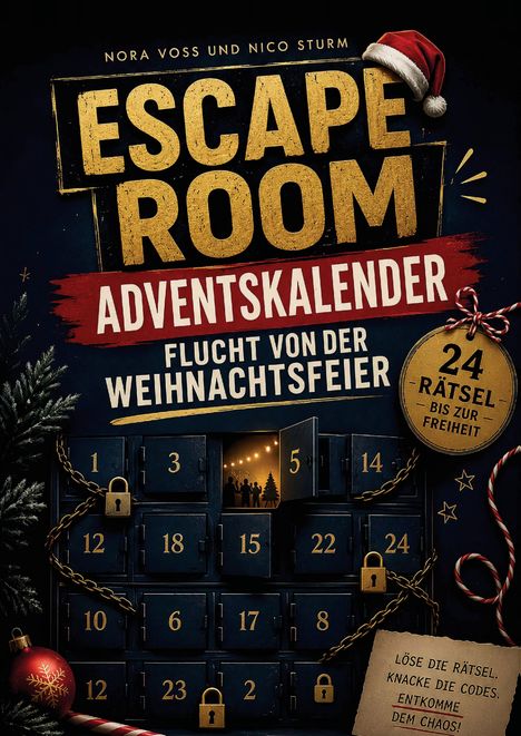 Text: "Escape Room Adventskalender: Flucht von der Weihnachtsfeier. 24 Rätsel bis zur Freiheit." 
Ein geschmückter Adventskalender.