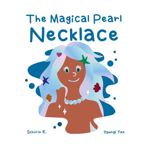 "The Magical Pearl Necklace", Illustration einer lächelnden Figur mit buntem Haar und Halskette, von Schirin R. und Hyungi Yeo.