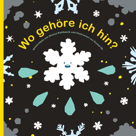 Text: „Wo gehöre ich hin?“
Illustration: Schneeflocken, bunte geometrische Formen auf dunklem Hintergrund.