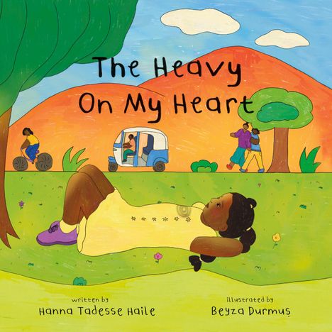 "The Heavy On My Heart", gemalt in lebendigen Farben: Kind liegt auf Wiese, Leute und ein Tuk-Tuk im Hintergrund.