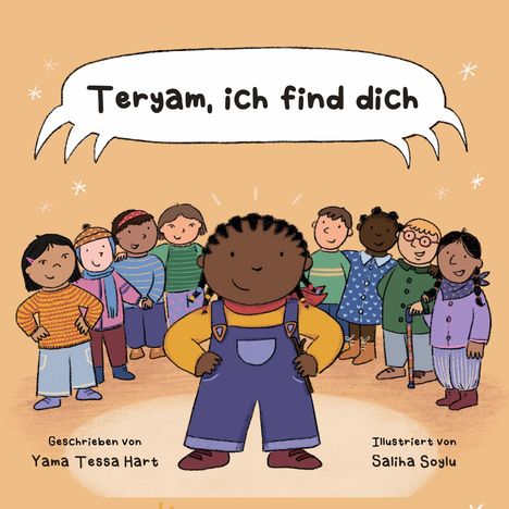 „Teryam, ich find dich“ steht in einer Sprechblase. Eine Gruppe fröhlicher Kinder in bunter Kleidung.