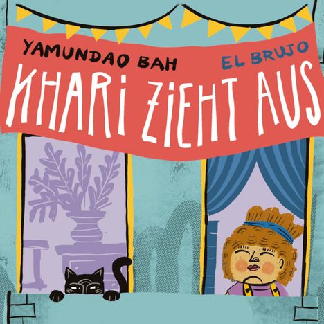 "Khari zieht aus", ein rotes Banner mit Schrift. Illustration: Eine Katze und ein Kind schauen aus zwei Fenstern.