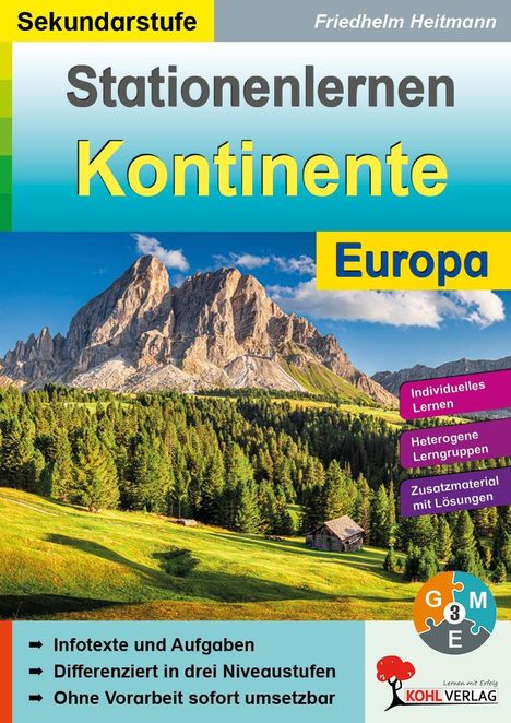Sekundarstufe: Stationenlernen Kontinente Europa. Berglandschaft, grüne Wiesen, Wälder, blaue Logos mit Texten, Puzzle-Logo.