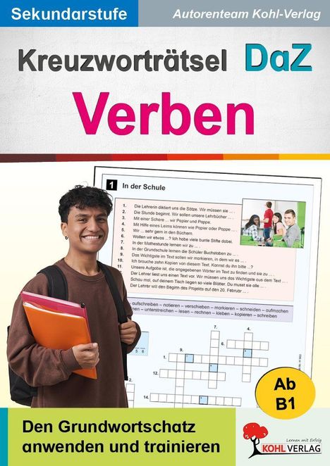 "Kreuzworträtsel DaZ Verben", "Den Grundwortschatz anwenden und trainieren". Junge lächelt mit Ordner.