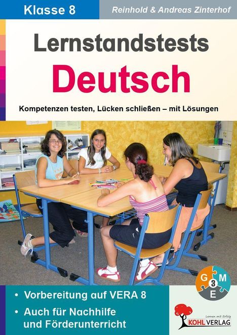 „Lernstandstests Deutsch“ in großer Schrift. Darunter sitzen vier Jugendliche um einen Tisch.
