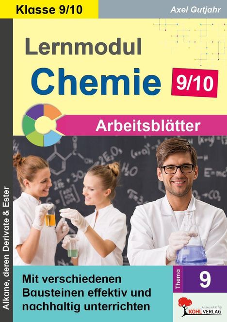 Lernmodul Chemie 9/10. Lehrer und Schüler in weißen Kitteln experimentieren im Labor.