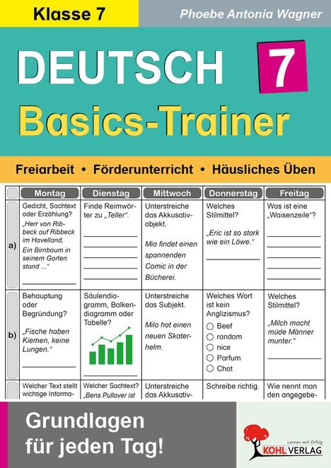 „DEUTSCH 7 Basics-Trainer“ und darunter „Freiarbeit, Förderunterricht, Häusliches Üben“, mit Aufgaben für Montag bis Freitag.
