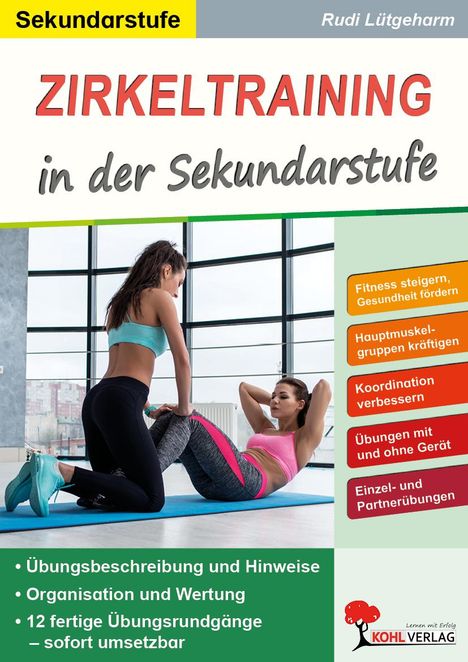 "ZIRKELTRAINING in der Sekundarstufe" steht groß. Zwei Frauen machen Fitnessübungen. Ein Logo mit einem Baum unten.