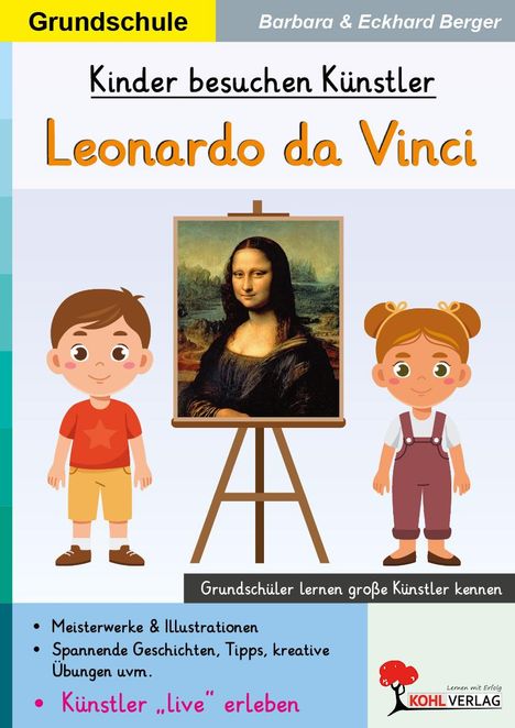 "Grundschule", "Kinder besuchen Künstler: Leonardo da Vinci", Gemälde der Mona Lisa zwischen zwei gezeichneten Kindern.