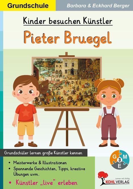 "Kinder besuchen Künstler Pieter Bruegel". Zwei Kinder stehen vor einem Gemälde. Text über Grundschüler und Künstler.
